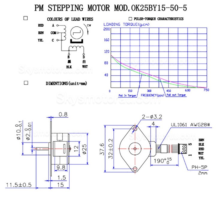 Oukeda OK25BY15-50-5 PM Stepper Motor 4 Phase 7.5 Deg 0.24A 10.7Ncm 5 Wires